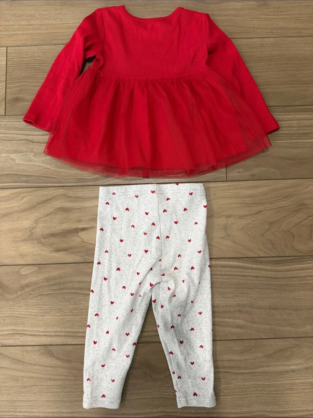 Carter's Red Tulle Peplum Top with Gray Heart Print Leggings